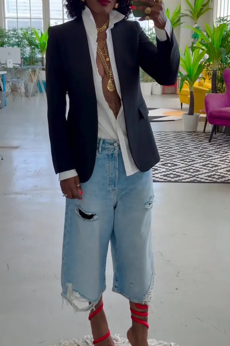 Women's Temperament Blazer or Ripped Washed Jeans