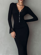 Elegant Pearl Button Black Ribbed Knit Midi Dress With Lace Trim