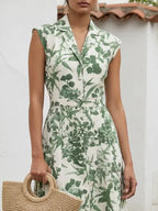 Maxi Linen Dress, Sleeveless, Shawl Collar, Floral, Vintage, Green
