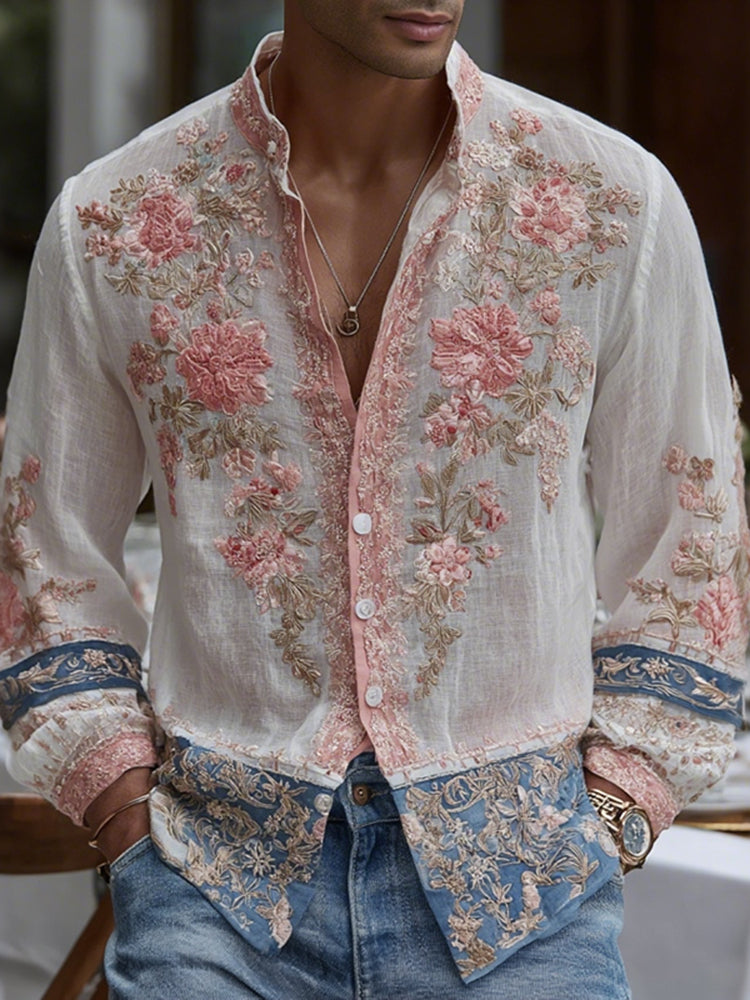 Men's Vintage Spring Floral Embroidered Art Print Comfy Shirt