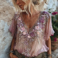 Vintage Purple Rose Embroidered Linen Short Sleeve V-neck Top