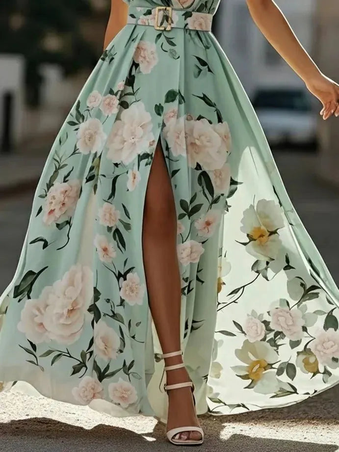 Lightgreen Ruched Slit Chiffon One Shoulder Sleeveless A-Line Floor-length Gown Dress