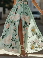 Lightgreen Ruched Slit Chiffon One Shoulder Sleeveless A-Line Floor-length Gown Dress