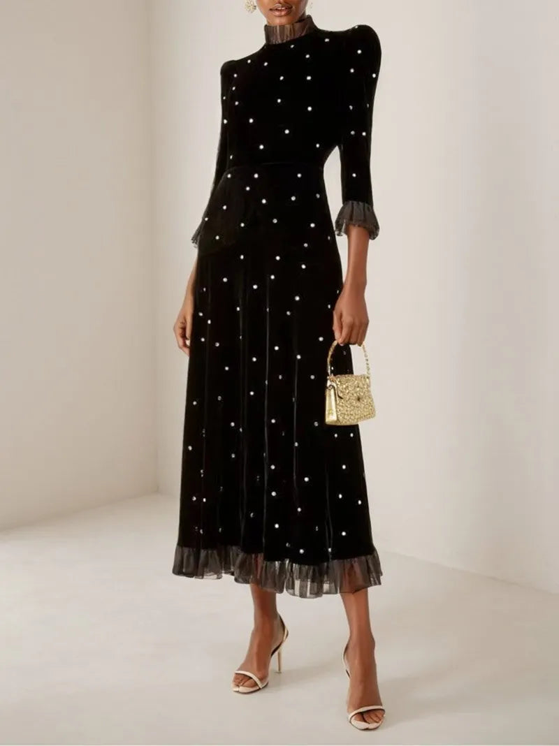 Black Beaded Ruffled Mock Neck Three Quarter Sleeve A-Line Maxi Velvet Dress