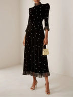Black Beaded Ruffled Mock Neck Three Quarter Sleeve A-Line Maxi Velvet Dress