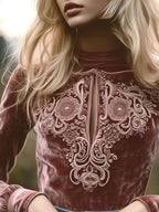 Vintage Cuffs Rose Velvet Embroidered Keyhole Blouse