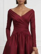 Burgundy Ruched Satin V Neck Long Sleeve A-Line Midi Dress