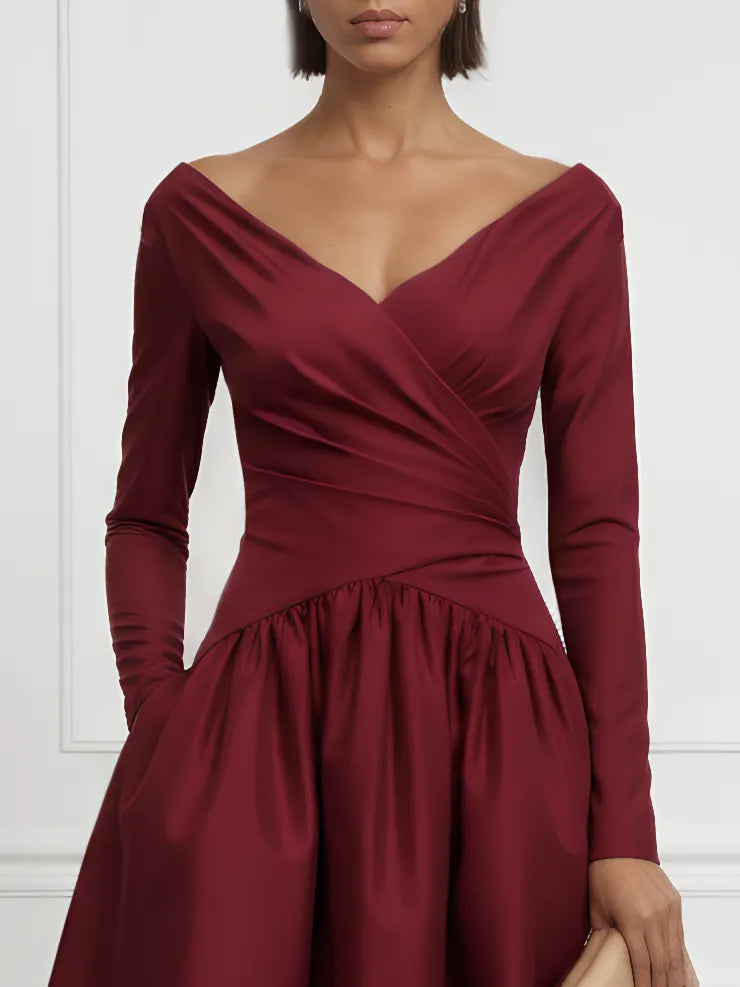 Burgundy Ruched Satin V Neck Long Sleeve A-Line Midi Dress