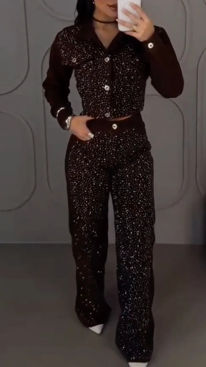 Rhinestone Cropped Denim Jacket & Flare Jeans Set