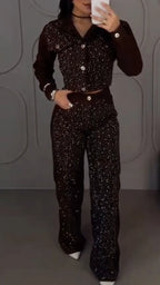 Rhinestone Cropped Denim Jacket & Flare Jeans Set