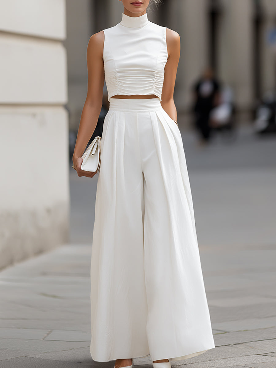 Mock Neck Ruched Crop Top & Wide-Leg Pants Set