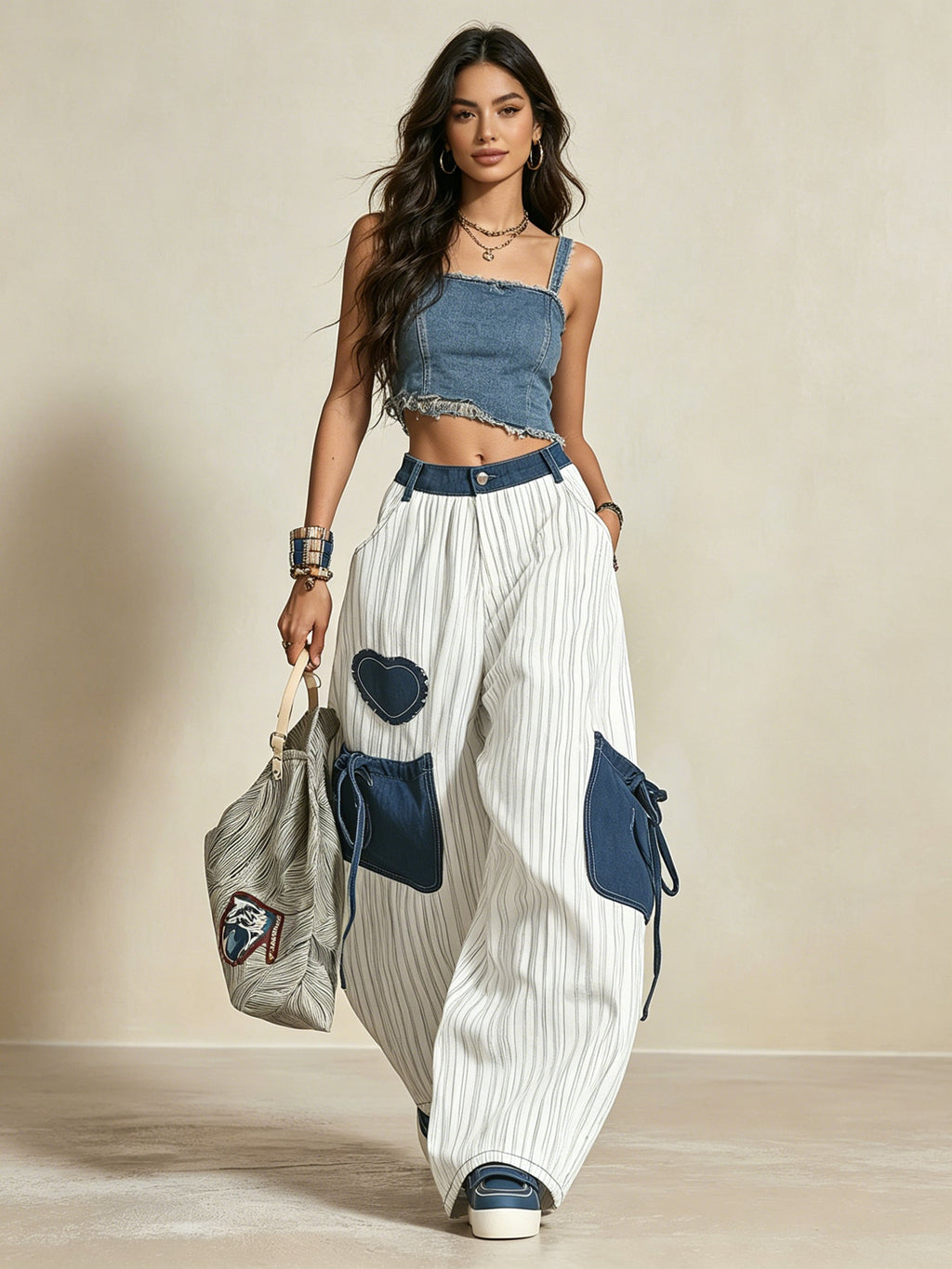 Oversized Striped Denim Patch Wide-Leg Cargo Pants