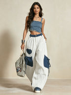 Oversized Striped Denim Patch Wide-Leg Cargo Pants