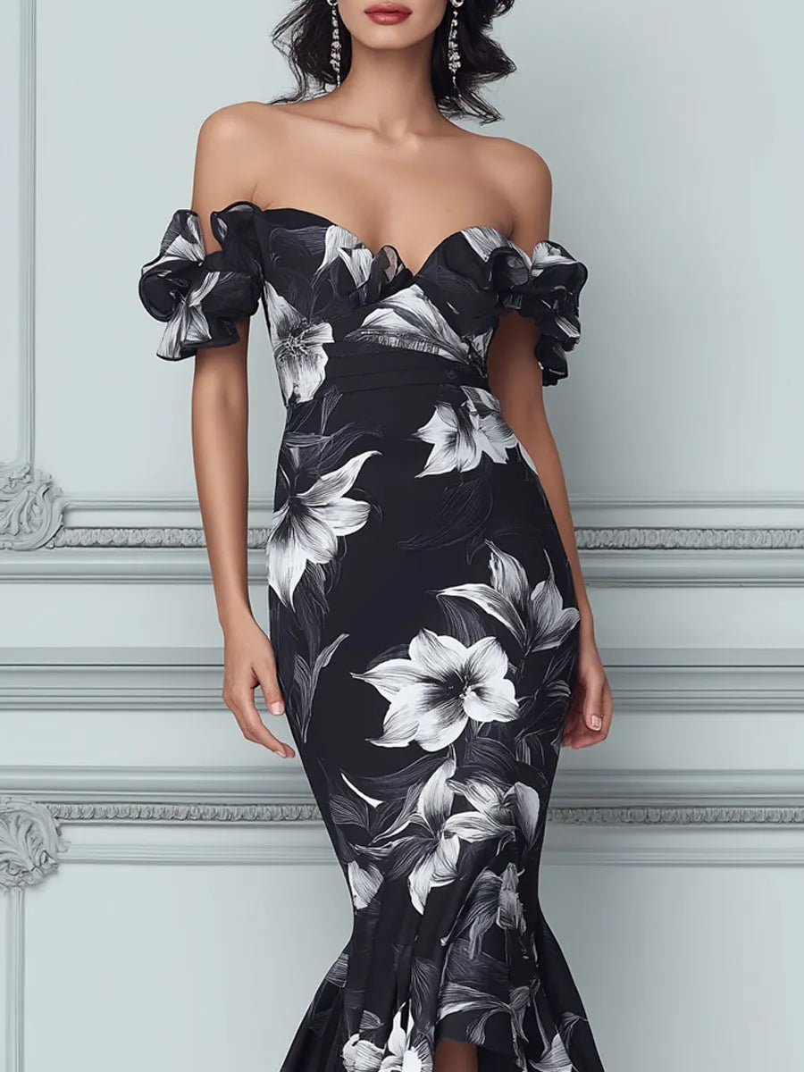 Black And White Floral Off-the-Shoulder Ruffled Midi Dress