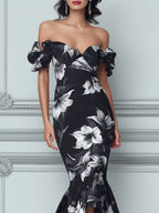 Black And White Floral Off-the-Shoulder Ruffled Midi Dress