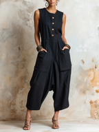 Black Linen-Blend Sleeveless Harem Jumpsuit | Effortless Boho Utility Style