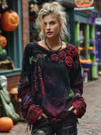 Vintage Rose Embroidery Beaded Gradient Sweatshirt