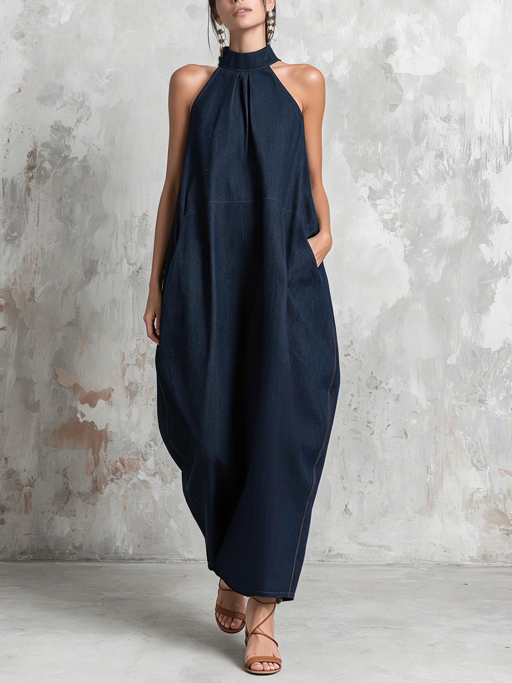 Dark Blue Denim Halter Neck Oversized Maxi Dress