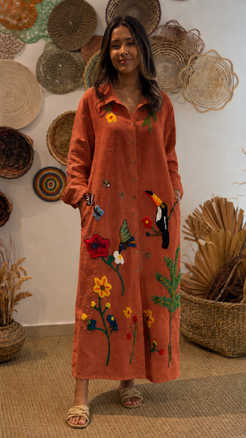 Floral & Bird Embroidered Linen Shirt Midi Dress