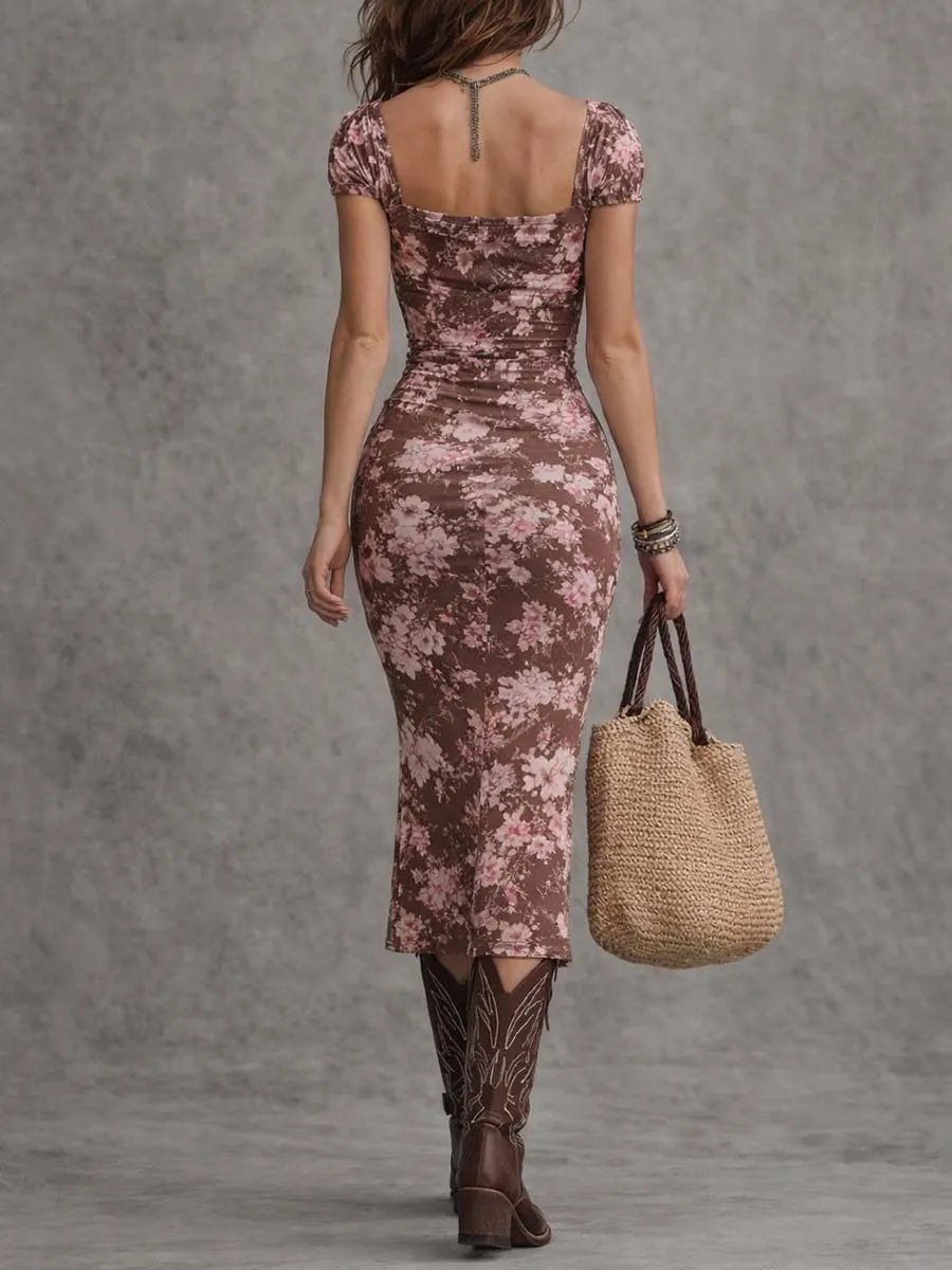 Boho Floral Sweetheart Neck Puff Sleeve Bodycon Midi Dress With Slit