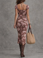 Boho Floral Sweetheart Neck Puff Sleeve Bodycon Midi Dress With Slit