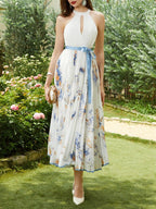 White Pleated Floral Chiffon Halter Sleeveless A-Line Maxi Dress