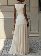 Off White Pleated Classic Boat Neck Sleeveless A-Line Floor-length Gown Dress