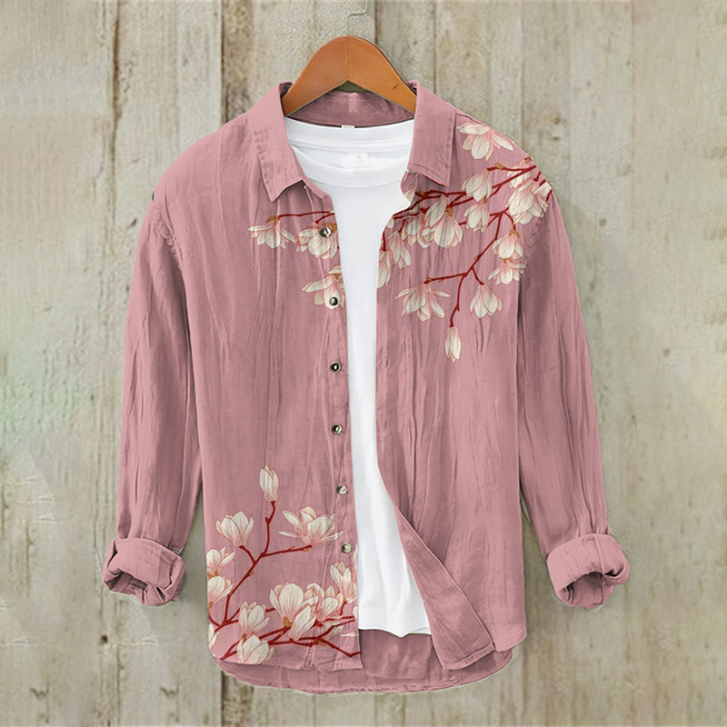 Men's Vintage Japanese Art Floral Casual Linen Blend Shirt