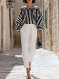 Chic Off-the-Shoulder Striped Blouse & High-Waisted Tailored Trousers Set
