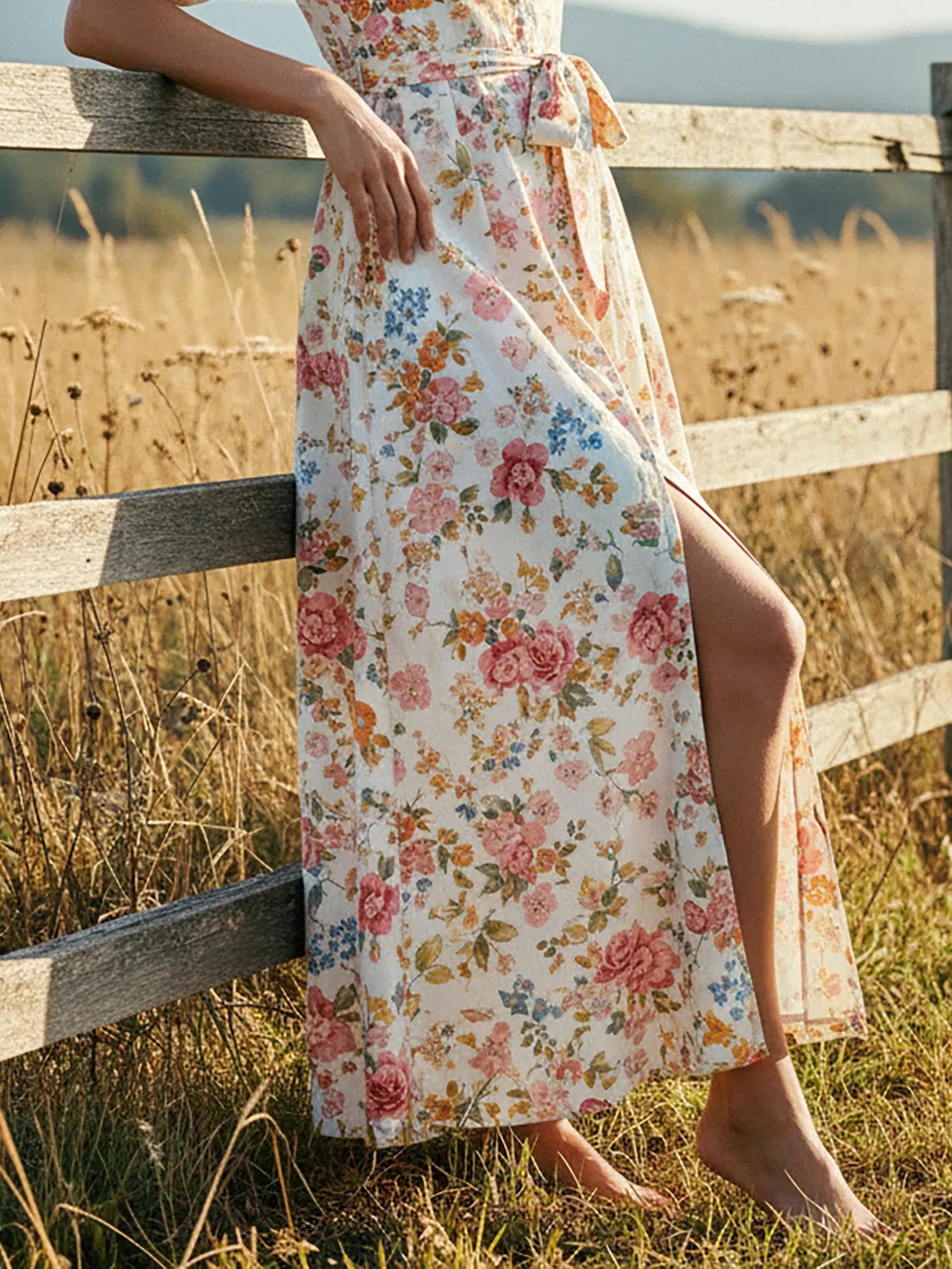 Maxi Linen Dress, Half Sleeve, V Neck, Floral, Button-decorated, Vacation, Vintage, White