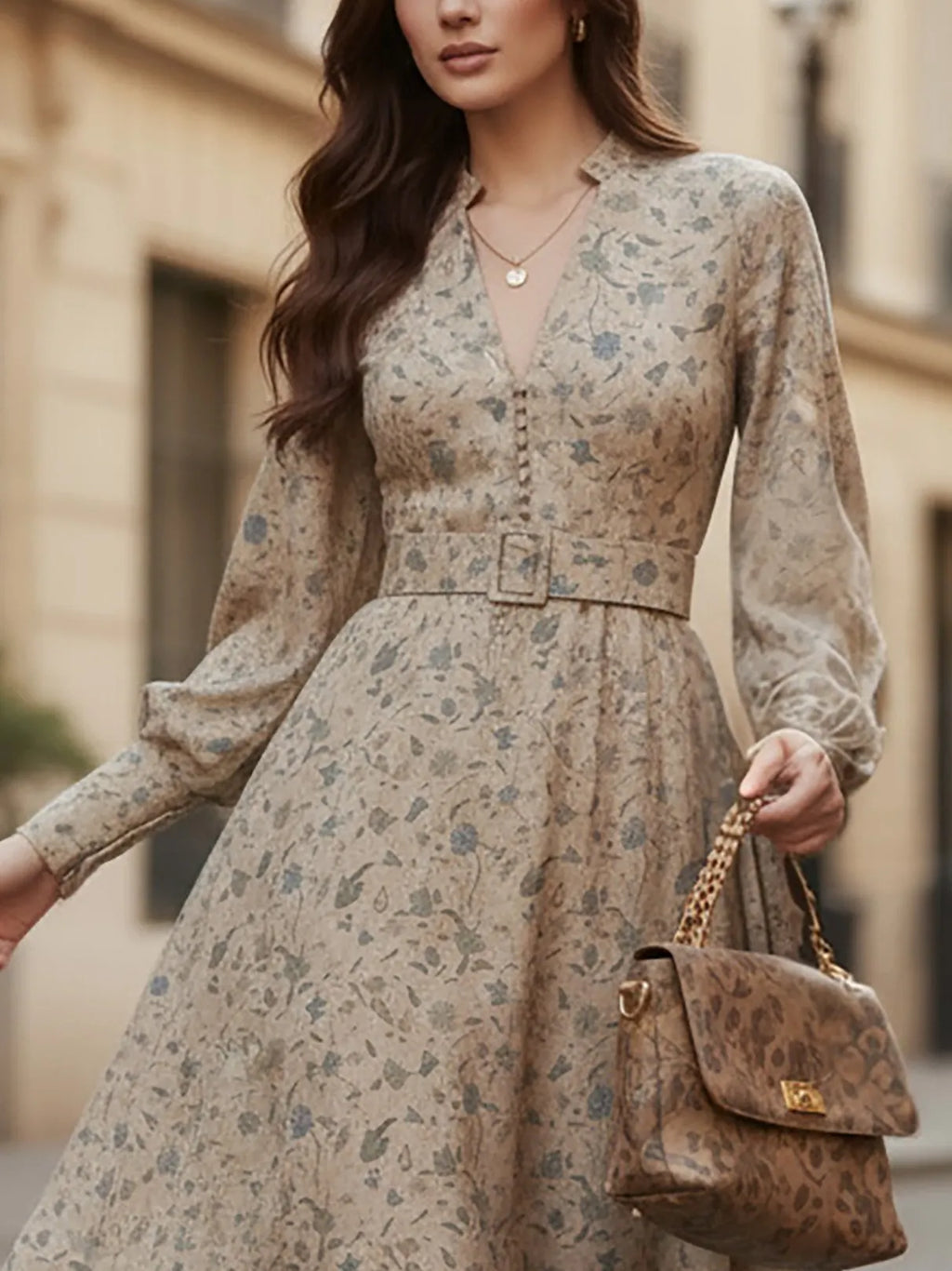Midi Linen Dress, Long Sleeves, V Neck, Floral, Belt Design, Vintage, Khaki