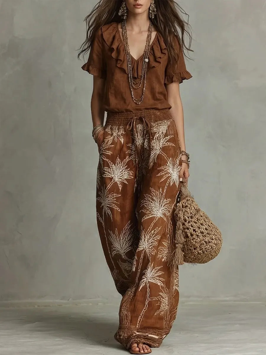 Casual Ruffled-collar Top And Printed Trousers Two-piece Set