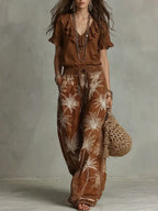 Casual Ruffled-collar Top And Printed Trousers Two-piece Set