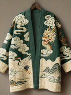 Retro Japanese Dragon With Auspicious Clouds Art Print Cotton And Linen Blend Kimono Cardigan