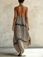 Black & Beige Chevron Print Halter Neck Maxi Dress