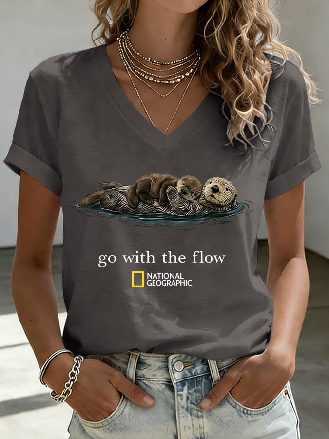V-Neck Retro Sea Otters Go With The Flow Print T-Shirt