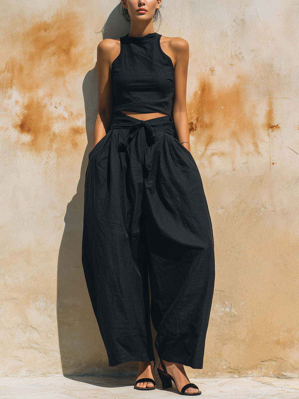 Black Linen-Blend Two-Piece Set