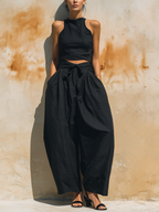 Black Linen-Blend Two-Piece Set