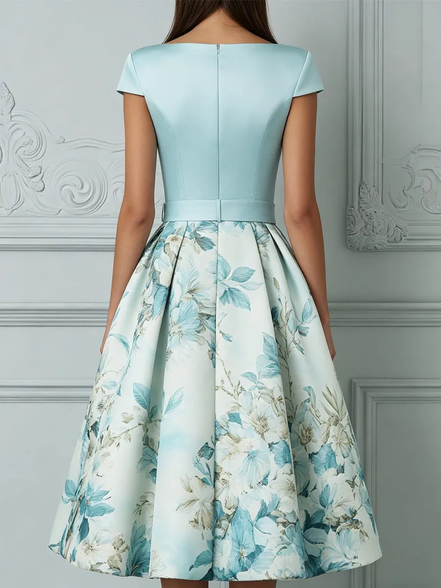 Elegant Boat Neck Cap Sleeve A-Line Midi Dress