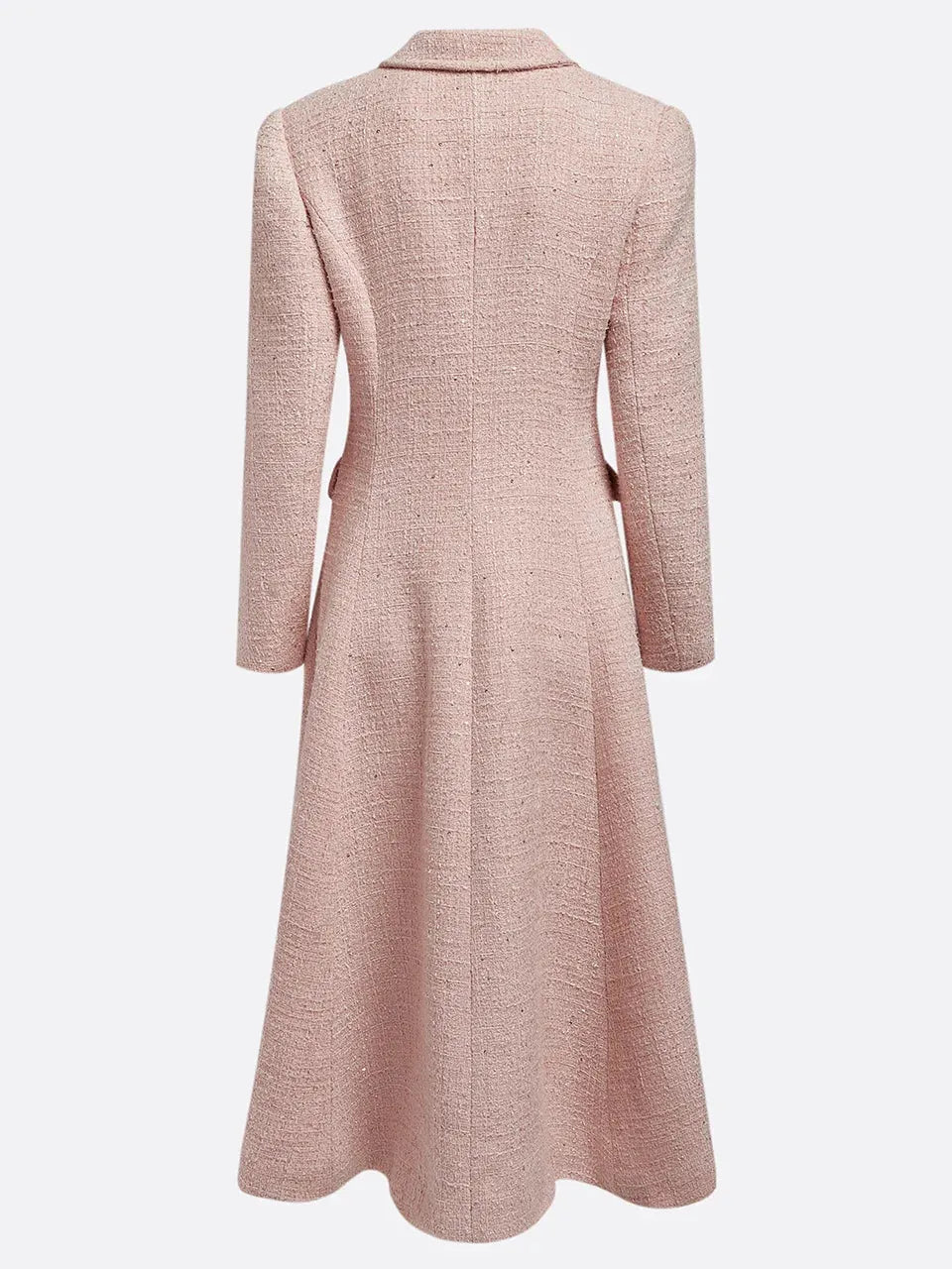 Pink Buckle Tweed Pointed Collar Long Sleeve A-Line Midi Dress