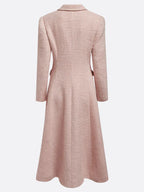 Pink Buckle Tweed Pointed Collar Long Sleeve A-Line Midi Dress