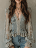 Vintage Bohemian Dusty Blue Lace Peplum Blouse