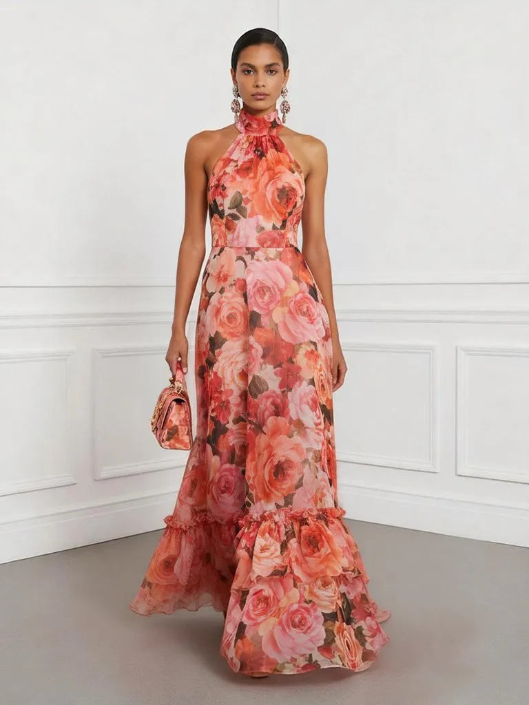Orange Red Floral Bow Chiffon Halter Sleeveless A-Line Maxi Dress