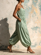 Sage Green Linen Blend Harem Jumpsuit | Casual Wide Leg Overall With Pockets