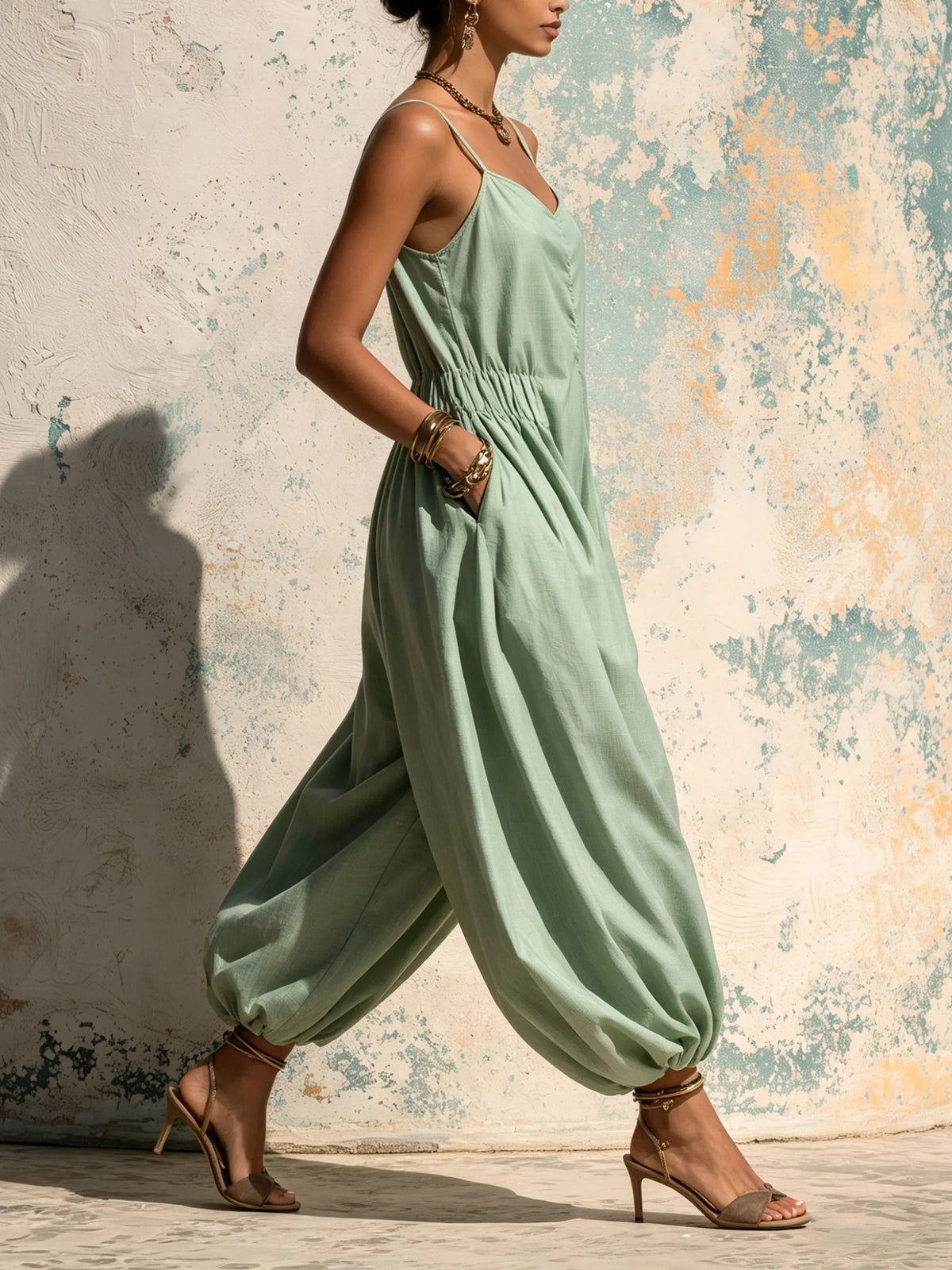 Sage Green Linen Blend Harem Jumpsuit | Casual Wide Leg Overall With Pockets