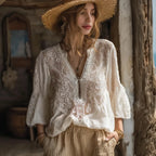 Bohemian Style Women's Vacation Casual Lace Cotton Linen V-neck Top