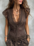 Vintage Tencel V-neck Blouse With Lace Trim