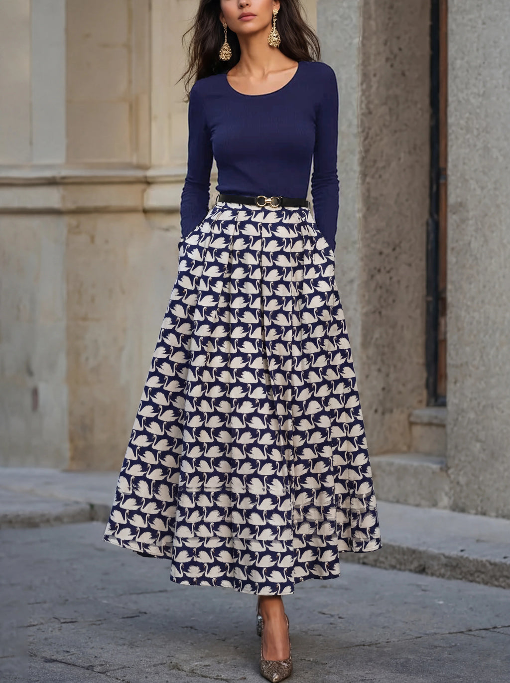 Maxi Cotton Skirt, Animal, Swan Print, Pocket Design, Vintage, Purplish Blue