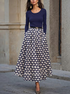 Maxi Cotton Skirt, Animal, Swan Print, Pocket Design, Vintage, Purplish Blue