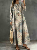 Women's Vintage Ethnic Geometric Patterns Art Print Lapel Collar Pleated Long Sleeve Casual Loose Denim Dress